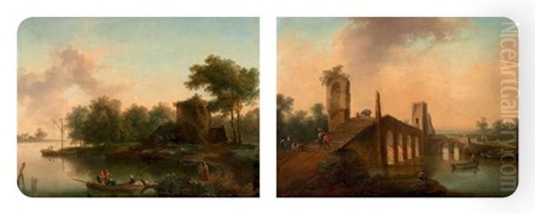 Vue D'un Littoral Anime Et Vue De La Campagne Romaine (2 Works) Oil Painting by Christian Hilfgott Brand