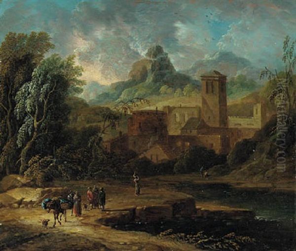 An Italianate Landscape With Travellers And A Packmule On A River Bank Oil Painting by Christian Hilfgott Brand