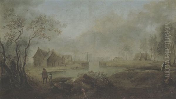 Weite Flusslandschaft Mit Bauernhausern Und Figuren Oil Painting by Christian Hilfgott Brand