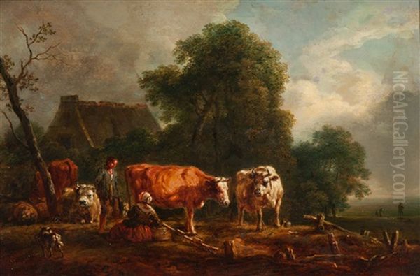 A Chat While Milking The Cows Oil Painting by Johann Christian Brand
