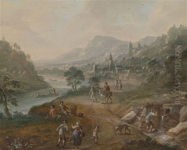 Flusslandschaften Mit Reicher Personenstaffage (4 Works) Oil Painting by Johann Christian Brand