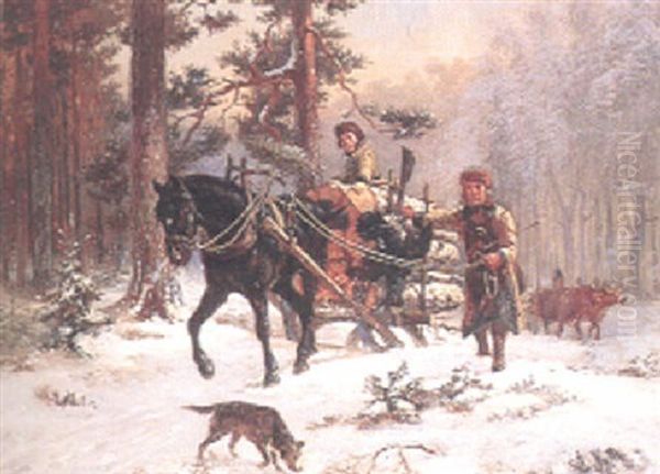 Timmerlass I Vinterskog Oil Painting by Bengt-Johan-Gustaf Brandelius