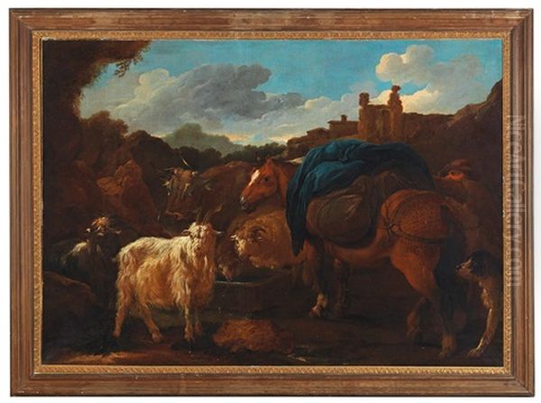 Cattle Scene Before A Southern Landscape Oil Painting by Domenico Brandi