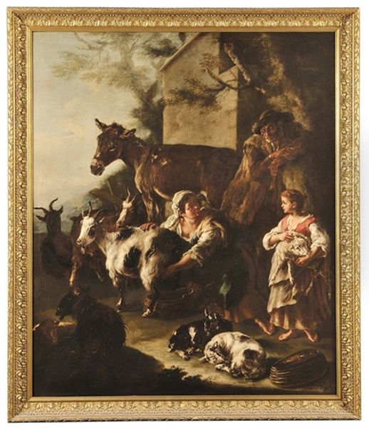 Contadina Che Munge Una Capra (+ Giovani Mandriano Con Armenti; Pair) Oil Painting by Domenico Brandi