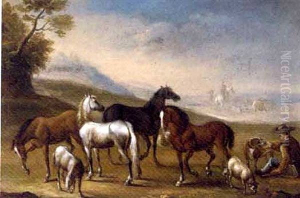 A Drover And His Cattle In A Landscape (+ Horses With A Traveller Resting In A Landscape; Pair) Oil Painting by Domenico Brandi