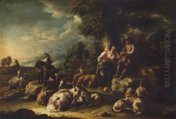 Landscape With A Shepherd Playing His Pipe And A Dairymaid, With Their Flock Oil Painting by Domenico Brandi