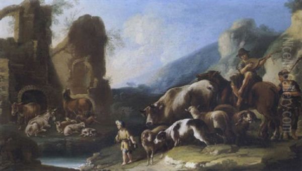 Pastori Con Gregge Vicino Ad Un Abbreveratoio Oil Painting by Domenico Brandi