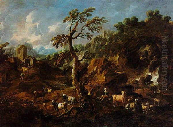 Paysage Au Berger Et Au Troupeau Oil Painting by Domenico Brandi