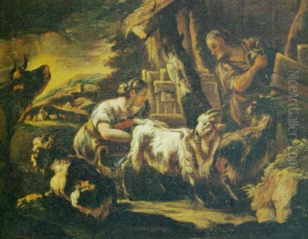Pastoras Ordenando Una Cabra Oil Painting by Domenico Brandi