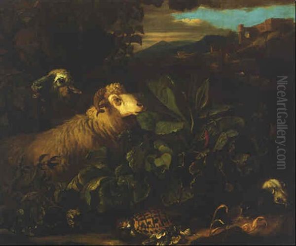 A Sheep And A Ram Grazing With A Tortoise And A Fieldmouse, A Shepherd And His Flock Amongst Ruins Nearby Oil Painting by Domenico Brandi