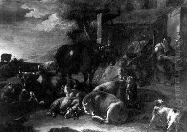 A Shepherd Boy And Sheep Resting In An Italianate Landscape Oil Painting by Domenico Brandi