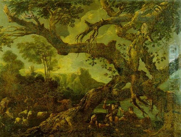 Paysage Montagneux Avec Des Bergers Et Leur Troupeau Se     Reposant Pres D'un Lac Oil Painting by Domenico Brandi