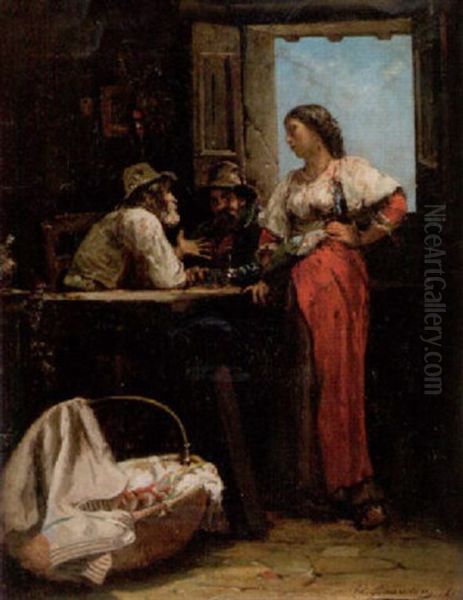 Vardshusinterior Med Figurer Runt Ett Bord Oil Painting by Jacques Emile Edouard Brandon