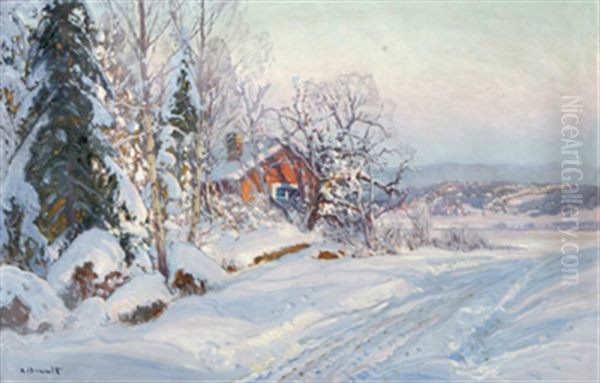Vinterlandskap Med Stuga Oil Painting by Carl Brandt