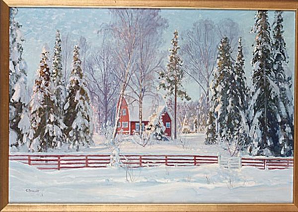 Vinterlandskap Med Rod Stuga Oil Painting by Carl Brandt