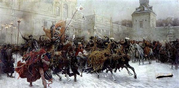 Auszug Des Jugendlichen Jan Iii. Sobieski Aus Dem Schloss Wilanow Oil Painting by Jozef Brandt