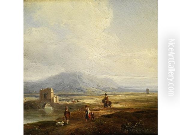 Sudliche Landschaft Mit Flusslauf An Antiker Brucke Und Figurenstaffage Mit Reiter Oil Painting by Jacques Raymond Brascassat