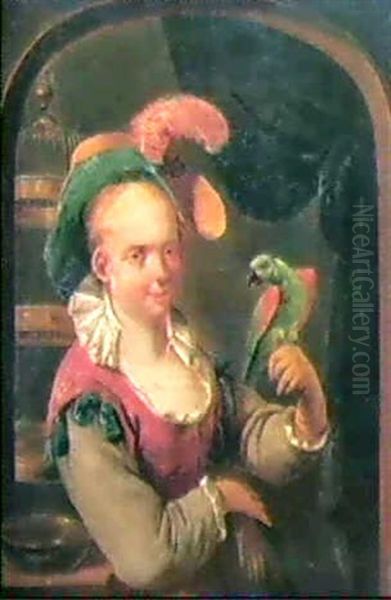 A Lady Standing In A Niche Window Before A Gilded Birdcage Oil Painting by Melchior Brassauw