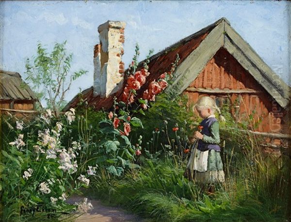 Flicka I Blommande Tradgard Med Stockrosor Och Vallmo Oil Painting by Fanny Brate