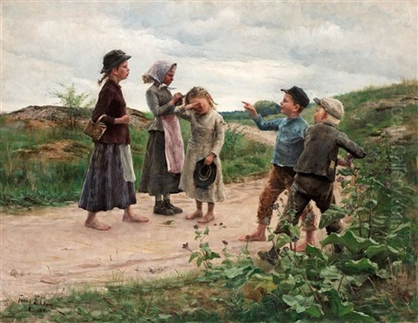 Teasing Children Oil Painting by Fanny Brate