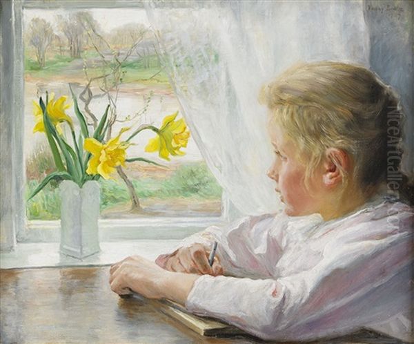 Flicka Vid Fonster Oil Painting by Fanny Brate