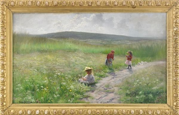 Sommarang - Tre Flickor Som Plockar Blommor Oil Painting by Fanny Brate