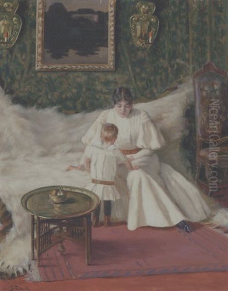 Interior Med Mor Og Barn, Der Sidder I En Sofa Draperet Med Et Isbjorneskind Oil Painting by Jakob Bratland