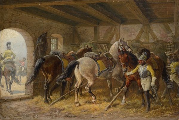 Dragonerpferde Im Stall Oil Painting by Louis Braun