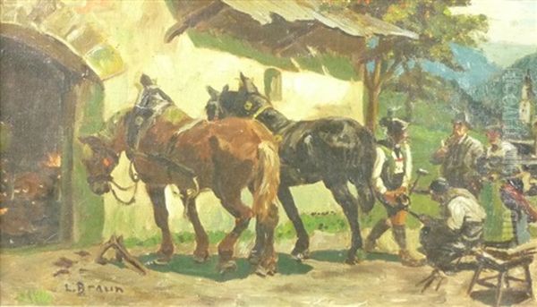Zwei Pferde Vor Einer Hufschmiede Oil Painting by Louis Braun