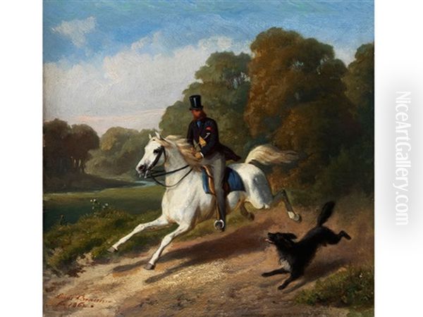 Ausritt Eines Herrn Mit Zylinder Auf Einem Schimmel In Begleitung Eines Hundes Oil Painting by Louis Braun
