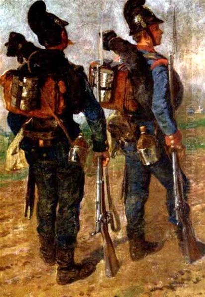 Zwei Soldaten Mit Tornister, Feldgeschirr Und Gewehr Auf Dem Marsch Oil Painting by Louis Braun