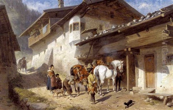 Fra De Bayerske Alper, En Fornem Herre Far Skoet Sin Hest Oil Painting by Louis Braun