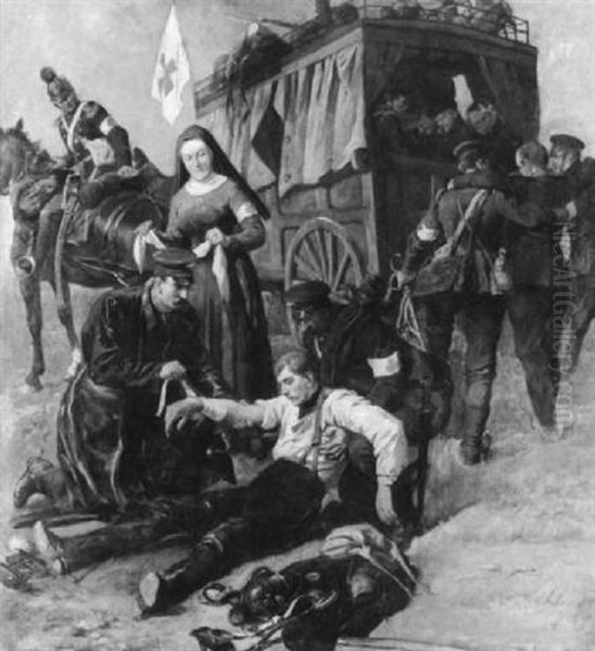 Die Mitarbeiter Des Roten Kreuzes Versorgen Blessierte Soldaten Im Krieg Oil Painting by Louis Braun