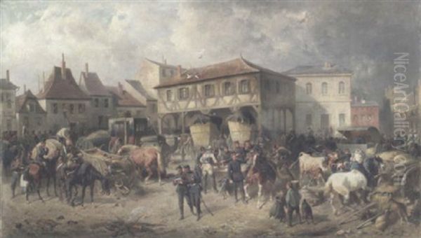 Feldpostexpedition Auf Dem Marktplatz Von Vouzier (auf Dem Marsch Nach Sedan) Oil Painting by Louis Braun