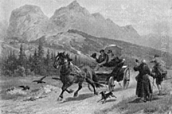 Ausfahrt. Pferdekutsche Auf Einer Gebirgsstrase Begegnet Zwei Wanderern Oil Painting by Louis Braun