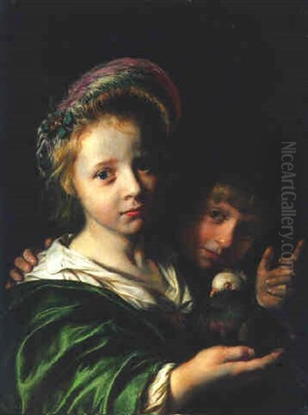 A Girl Holding A Pigeon And A Boy Gesturing Oil Painting by Jan De Bray