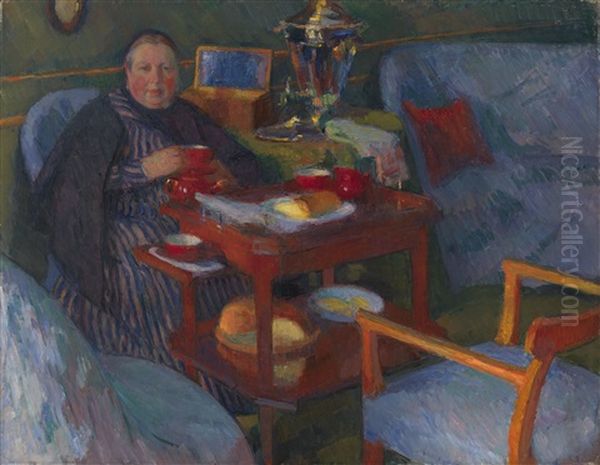 Woman Drinking Tea Oil Painting by Osip Emmanuilovich Braz