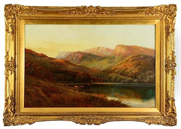 A Highland Loch With Cattle Watering Oil Painting by Alfred Fontville de Breanski Jr