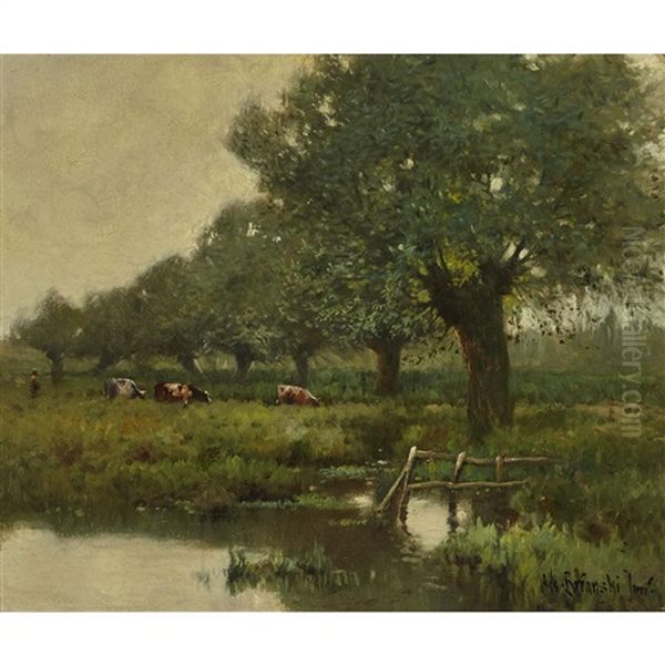 Shepherd With Flock Near A Riverbank Oil Painting by Alfred Fontville de Breanski Jr