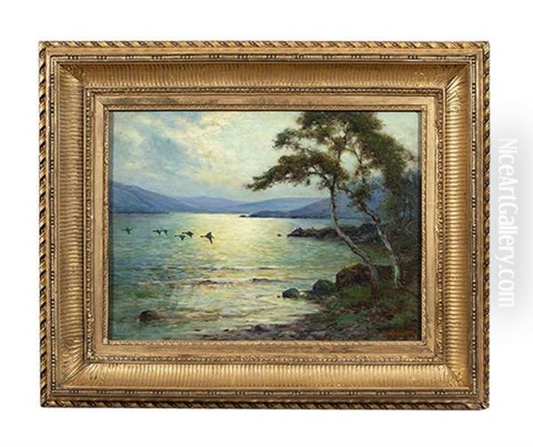 Moonlight On The Lower Lake, Killarney (from Innisfallen Island) Oil Painting by Alfred Fontville de Breanski Jr