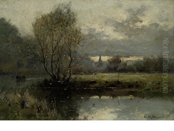 On The River Wey Near Guildford; A Bend Of The Imber At Molesey; Evening On The River Wey; A Lincolnshire Stream (set Of 4) Oil Painting by Alfred Fontville de Breanski Jr