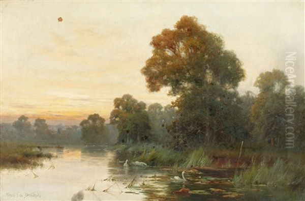 Swans And Punts, At Pangbourne On Thames Oil Painting by Alfred Fontville de Breanski Jr