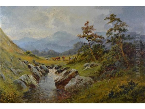 Highland Cattle In A Mountainous Landscape Oil Painting by Alfred Fontville de Breanski Jr