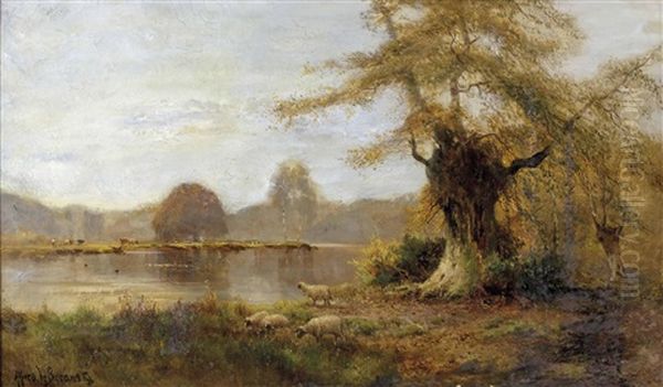 Weidende Rinder Und Schafe In Herbstlicher Flusslandschaft Oil Painting by Alfred Fontville de Breanski Jr