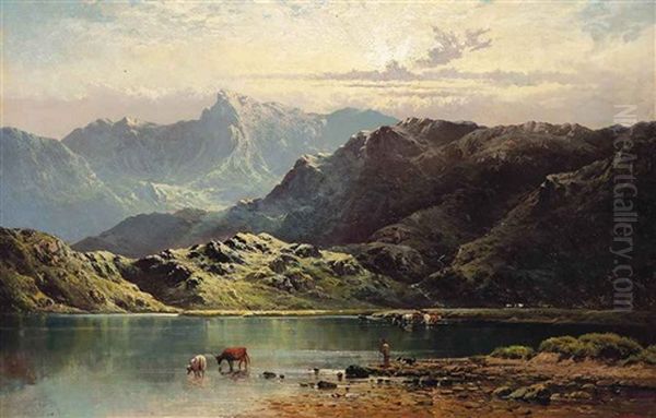 Cattle Watering At The Edge Of A Loch, Late Afternoon Oil Painting by Alfred Fontville de Breanski Jr