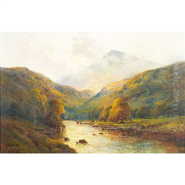 High Landscape With Cattle Watering Oil Painting by Alfred Fontville de Breanski Jr