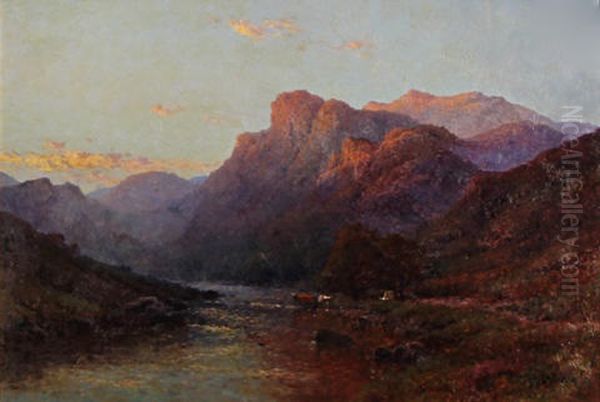 In The Pass Of Glencoe, N.b. (+ Evening Near The Trossachs, N.b.; Pair) Oil Painting by Alfred Fontville de Breanski Jr