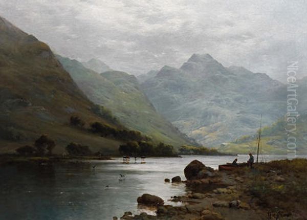 Fishermen By A Loch Oil Painting by Alfred Fontville de Breanski Jr