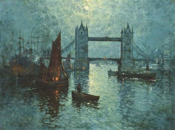 Tower Bridge, London Oil Painting by Alfred Fontville de Breanski Jr