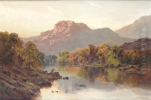 Fishermen And Cattle, Betts-y-coed Oil Painting by Alfred Fontville de Breanski Jr